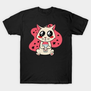 Kawaii Cat Driking Boba Tea T-Shirt